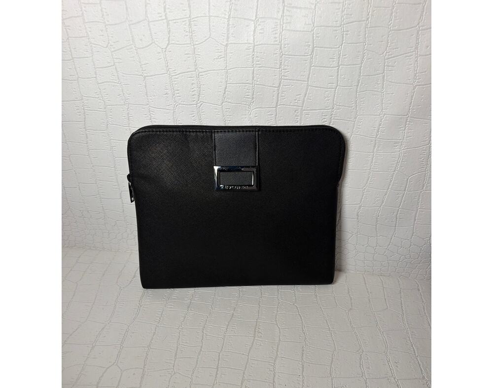 Bvlgari Cosmetic Clutch Black Leather Gunmetal Hardware Zip Bag